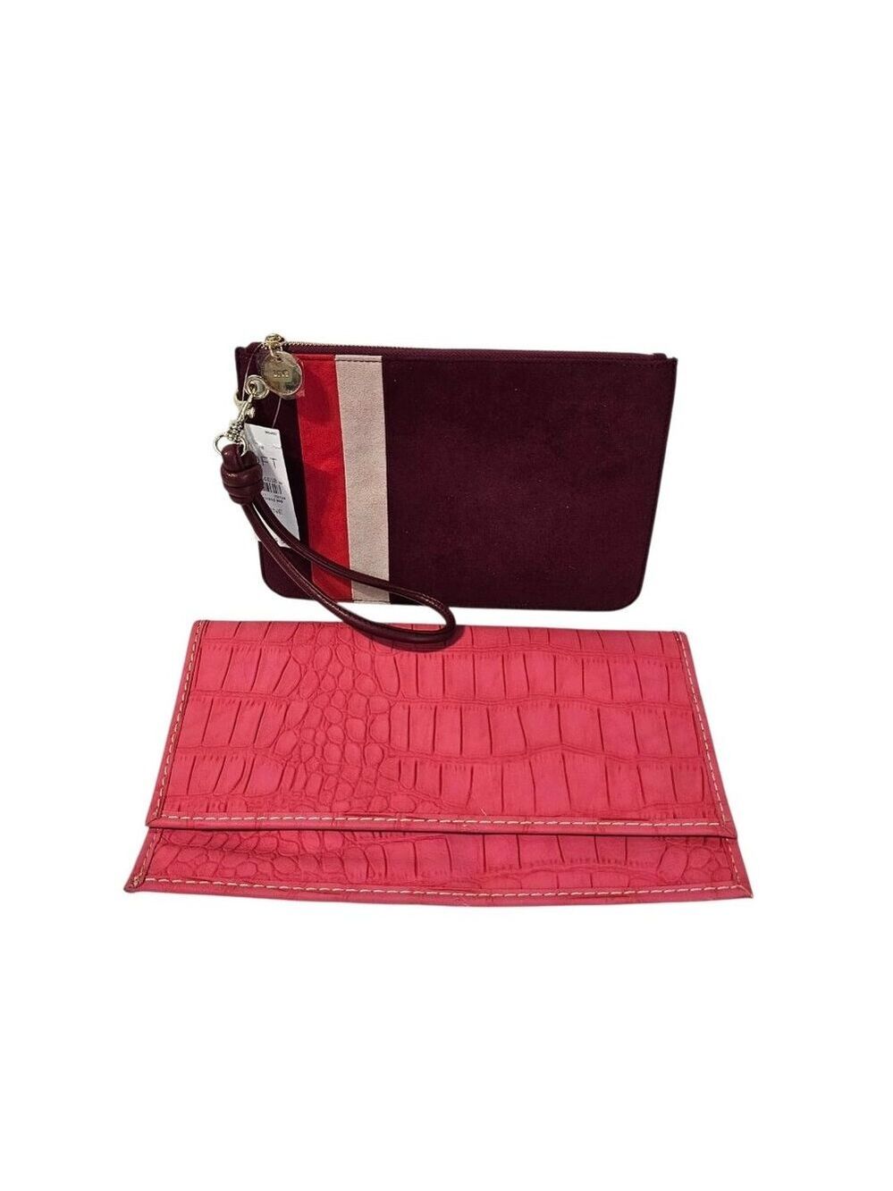 Bundle LOFT Clutch Wristlet Coral Faux Leather Solid Maroon Faux Suede Striped